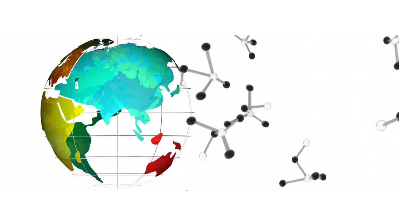 Animazione di strutture chimiche e globo su sfondo bianco