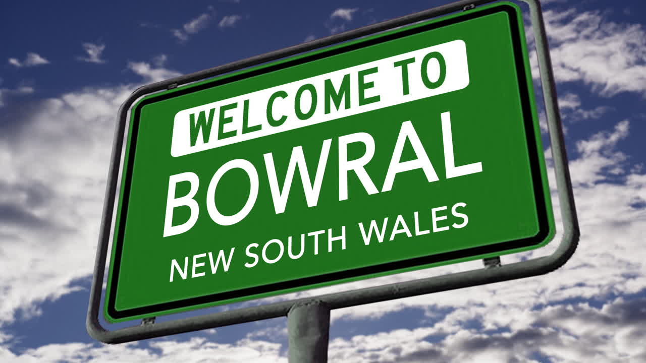 bienvenido a bowral, nueva gales del sur, australia, señal de carretera de la ciudad, animación 3d realista