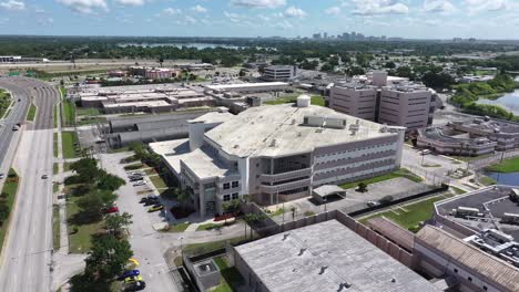 Aerial-orbit-shot-of-Prison-in-Orlando-during-sunny-day,-Florida