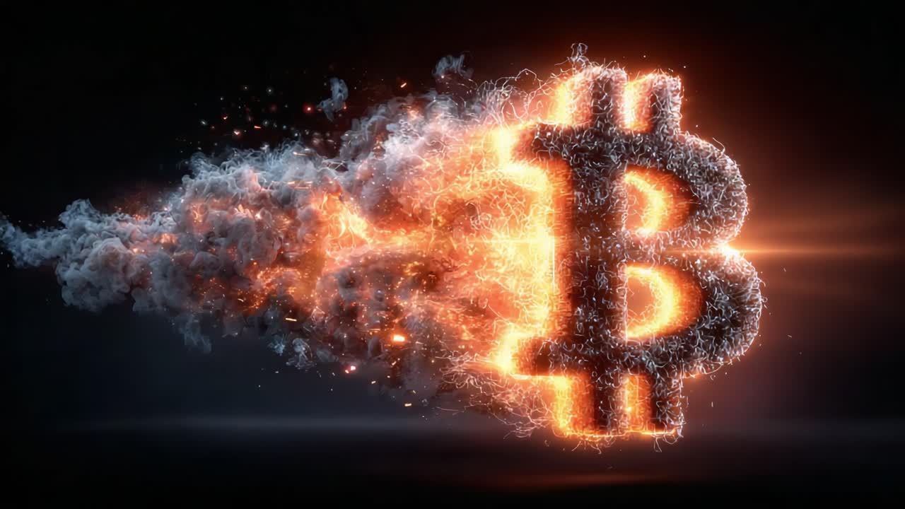Dynamic Bitcoin Symbol Transformation: A Visually Striking Display of Energy and Movement Featuring the Iconic Cryptocurrency Logo Illuminated in Flames and Smoke