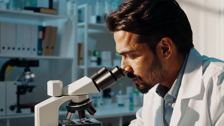 Male scientist conducting research with a microscope and taking notes in a laboratory