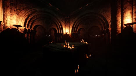 dark medieval stone room with candles