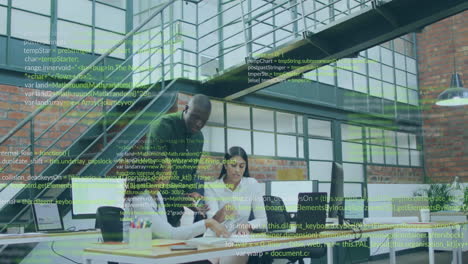 animación del lenguaje informático sobre diversos compañeros de trabajo discutiendo informes en la computadora portátil en la oficina