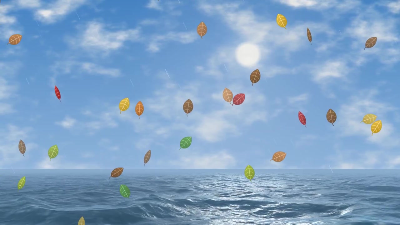 Colorful Autumn Leaves Falling Over the Ocean in Light Rain