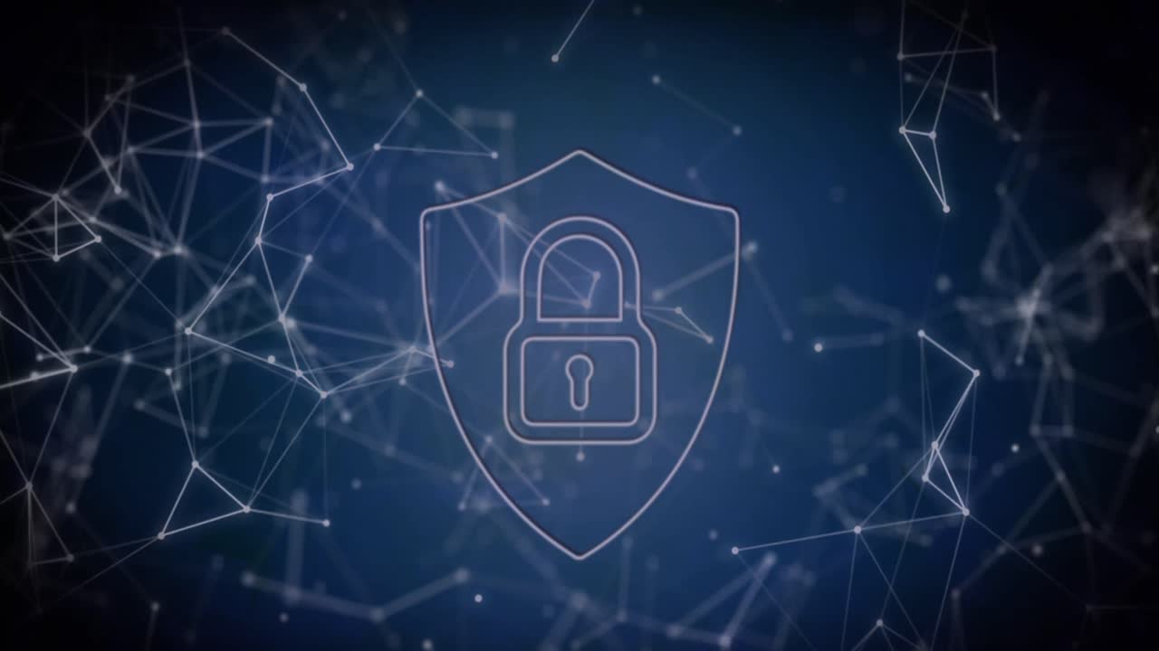 Animation of security padlock icon and network of connections against blue background