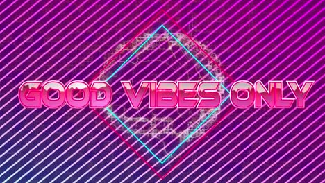 Animation-of-good-vibes-only-text-with-rotating-graphical-brain-and-square-shapes-over-stripes