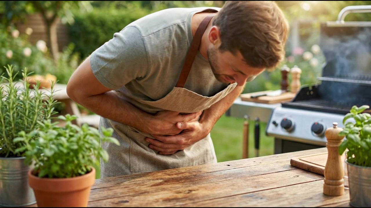 Adult holding stomach area beside food preparation counter in everyday health concept