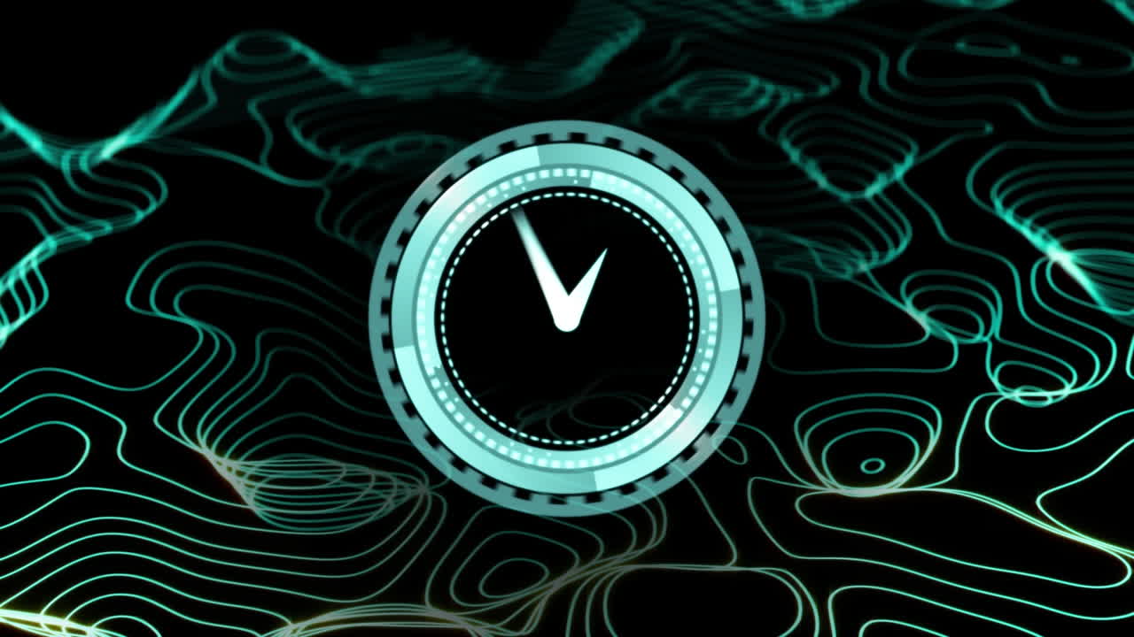 Animation of clock, data processing over network of connections