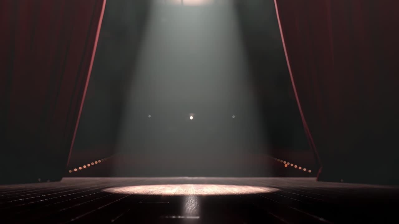 Sorotan lampu panggung yang dramatis dari sudut rendah, menangkap teater kosong untuk adegan video.