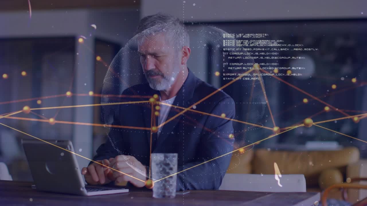 Business executive male typing on laptop and analyzing network data with pulsing sphere graphic