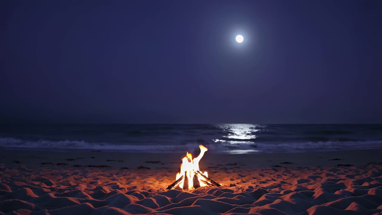 Uma cena de praia serena à noite com uma fogueira em primeiro plano e um oceano iluminado pelo luar ao fundo