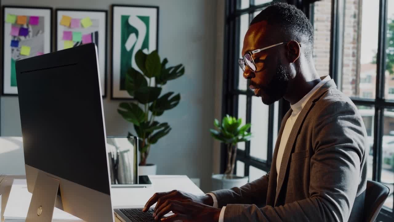 Side angle of a professional man in a modern office, focused on a computer, suggesting a video call