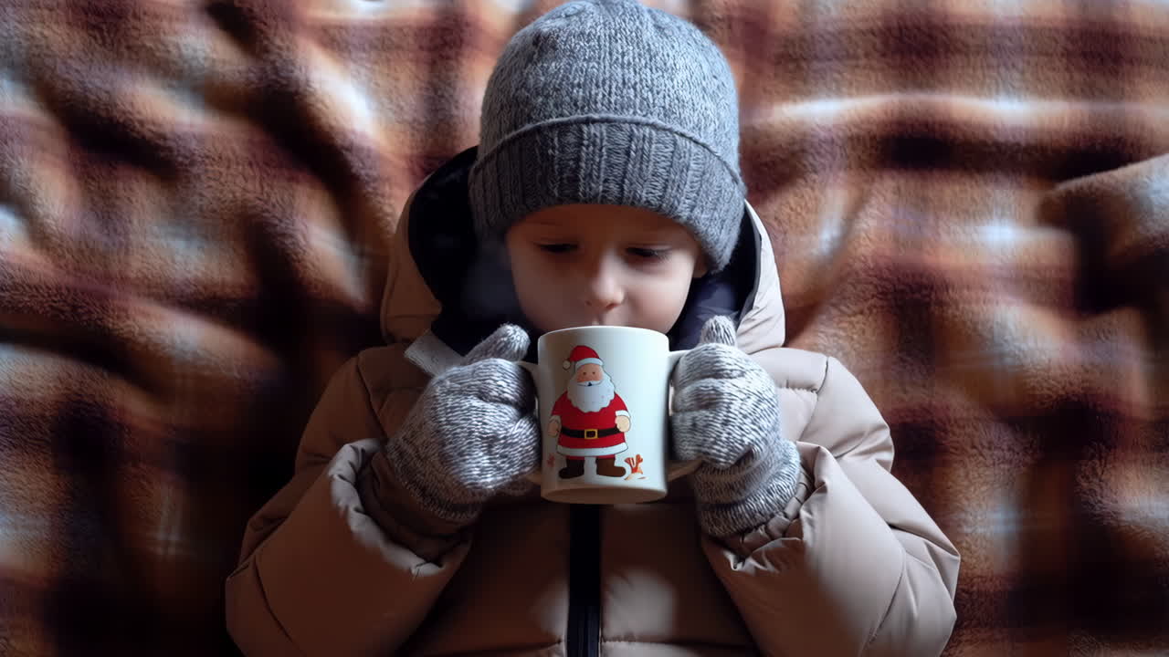 Bambino in abiti invernali che beve da una tazza di Babbo Natale