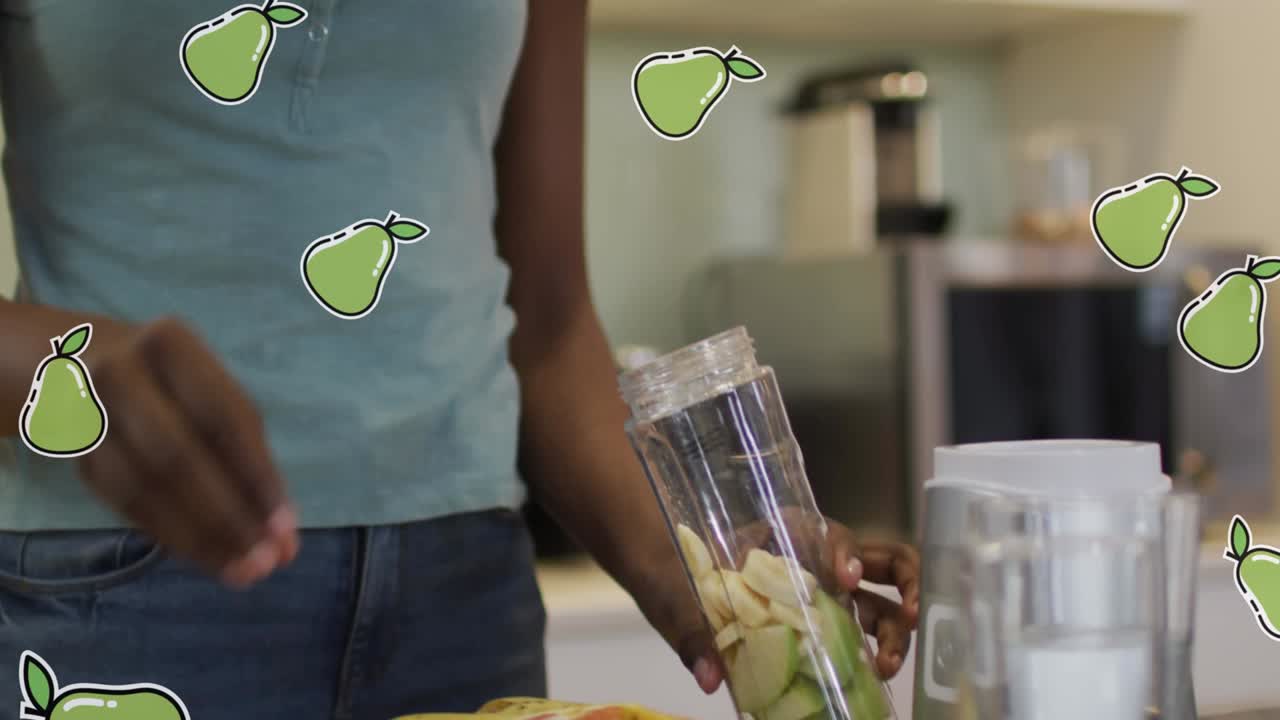 animación de una mujer afroamericana haciendo una bebida saludable sobre peras