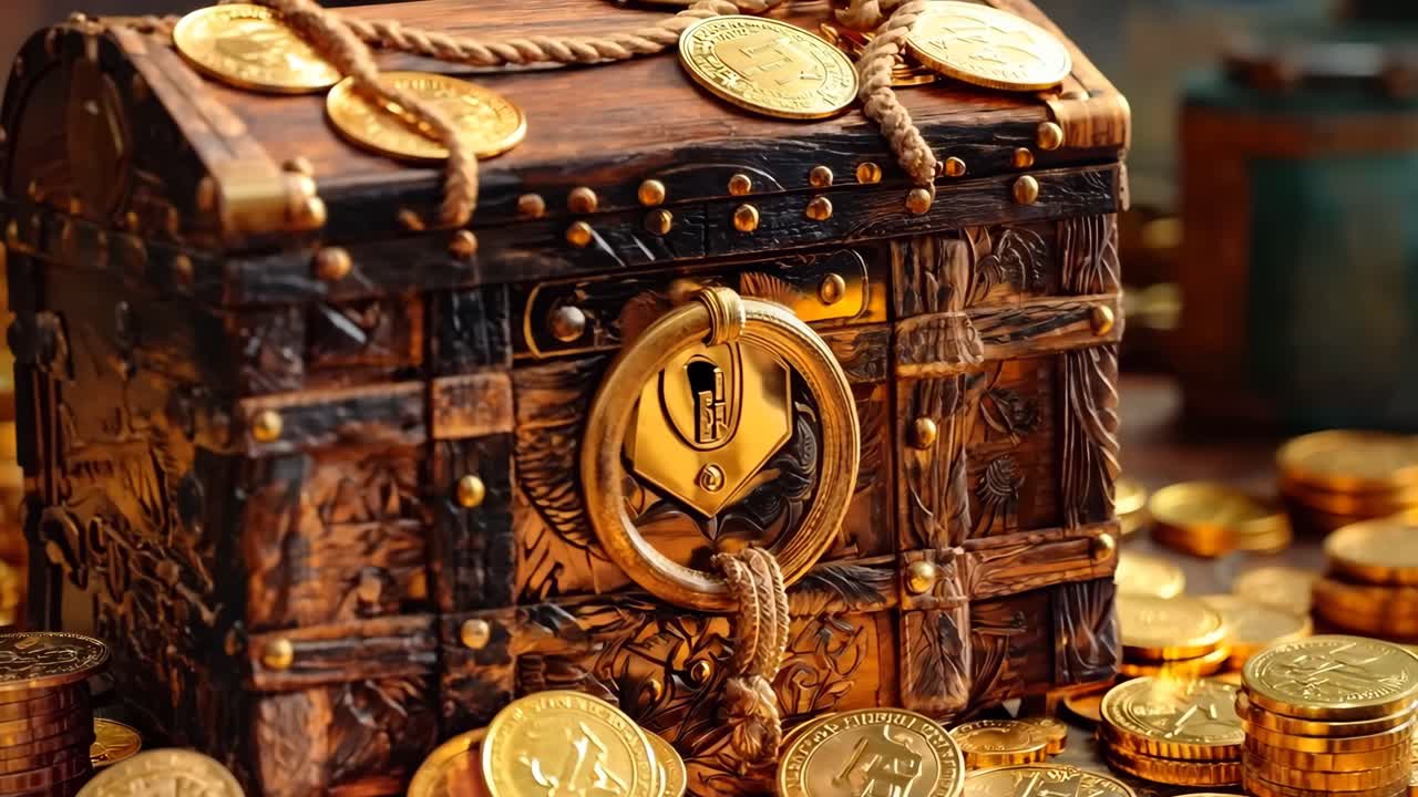 A wooden chest filled with gold coins on top of a table