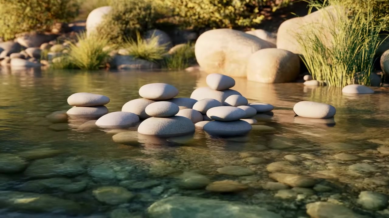 Una scena naturale ripresa dal basso mostra pietre bianche lisce impilate in acqua bassa e limpida vicino a massi arrotondati, sponde erbose, ciottoli visibili, luce solare calda, riflessi tenui e un tranquillo equilibrio zen.