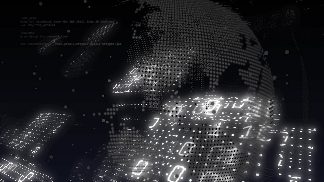 Dot matrix globe emerging against dark while data panels rotating receding visualizing binary data