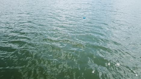 Blue-paper-boat-sails-away-in-a-lake