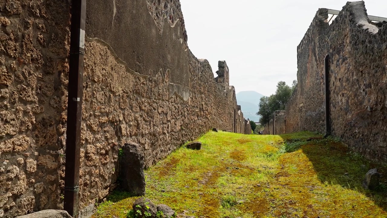 Stretto passaggio erboso tra antiche mura di pietra a Pompei, con muratura romana consumata dal tempo, luce solare, ombre e un'atmosfera archeologica tranquilla