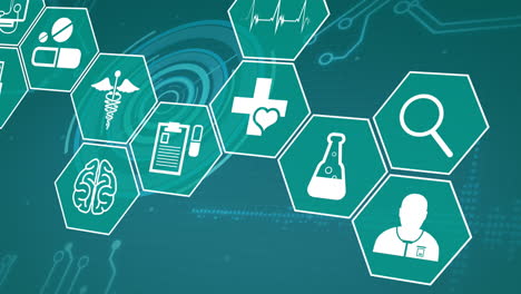 animación de iconos médicos y procesamiento de datos científicos sobre un fondo verde