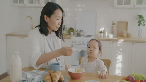 mother feeding baby breakfast in kitchen