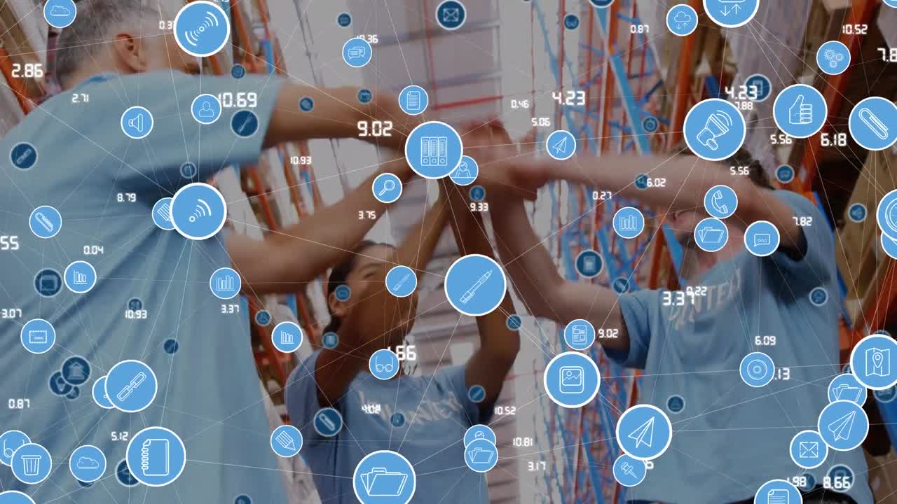 다양한 여성과 남성 창고 노동자들이 손을 박는 상징의 애니메이션