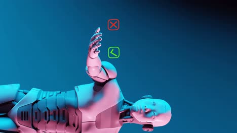 Robot-3d-Con-Dos-Opciones-En-Sus-Manos,-Símbolo-De-Sí-Y-No,-X-Roja,-Símbolos-De-Marca-Verde,-Fondo-Azul,-Iluminación-Cinematográfica-Roja,-Representación-3d,-Vertical