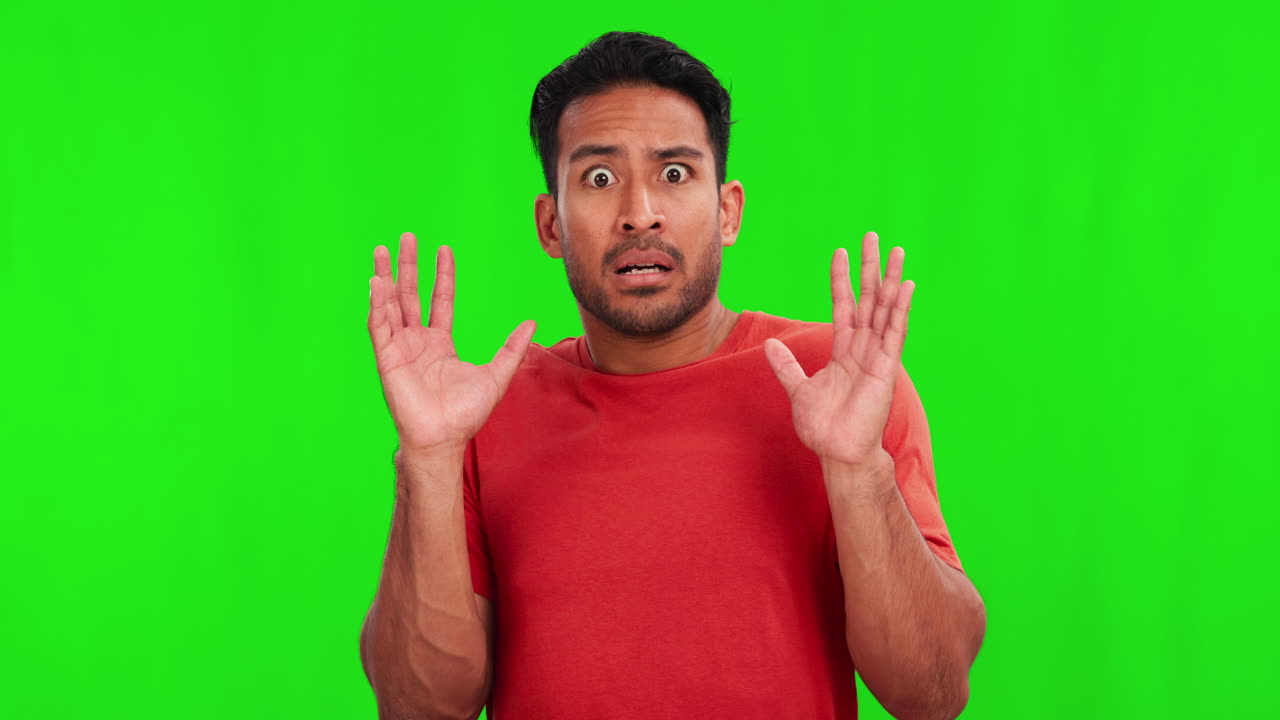 Shocked, scared and face of man on green screen
