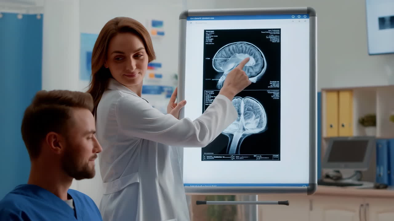 Doctor Explaining Brain MRI Scan to Medical Colleague