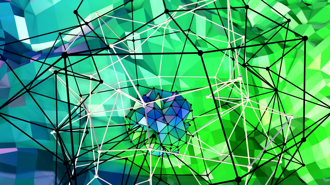 4k animación de fondo de bajo poli en bucle. animación 3d sin costuras como creativo simple de bajo poli fondo. v11 paisaje verde azul con esfera y marco móvil