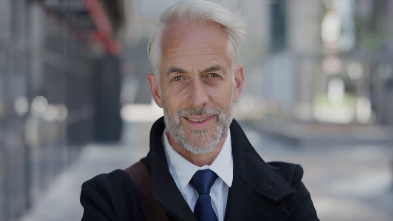 retrato feliz hombre de negocios sénior brazos cruzados ejecutivo corporativo disfrutando de la carrera profesional maduro empresario caucásico en la ciudad cámara lenta ambición éxito