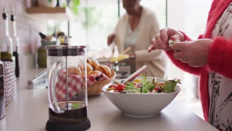 Hands-of-caucasian-senior-woman-putting-salad-on-plate-in-kitchen