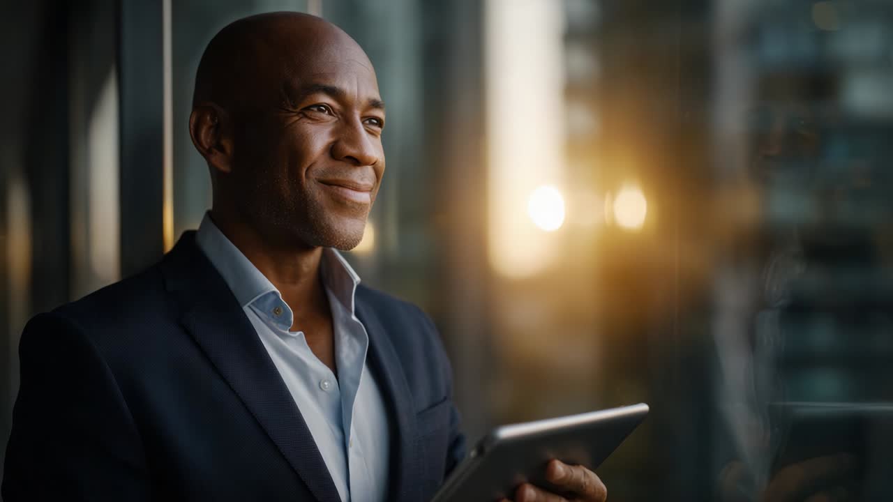 Capturing a Moment of Reflection: A Confident Man in Business Attire Holding a Tablet While Gazing Out the Window at Sunset, Symbolizing Success, Ambition, and Future Possibilities in Life