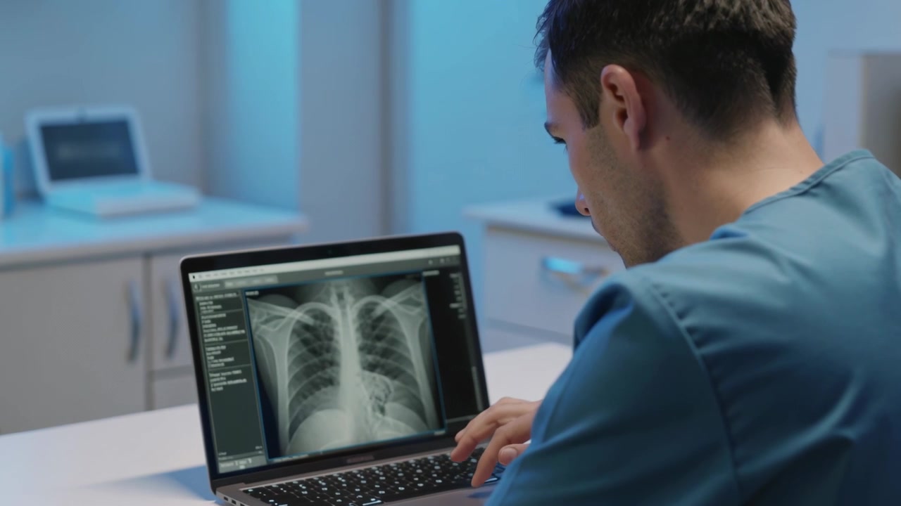 Noticing laptop chest X-ray, clinician in blue scrubs leaning, adjusting viewer in reading room