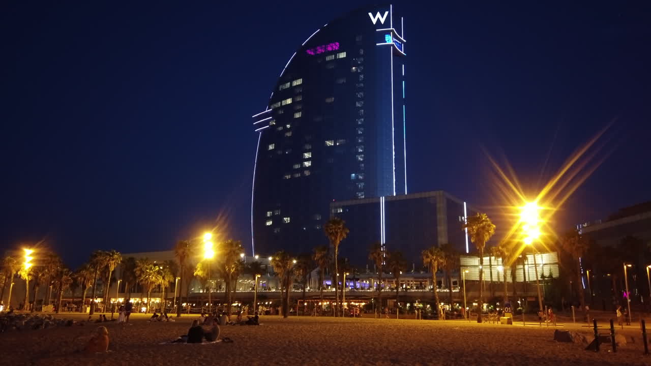 Street view of the W Barcelona Hotel in Spain at night