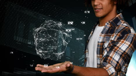 hombre mostrando diferentes datos digitales en todo el mundo