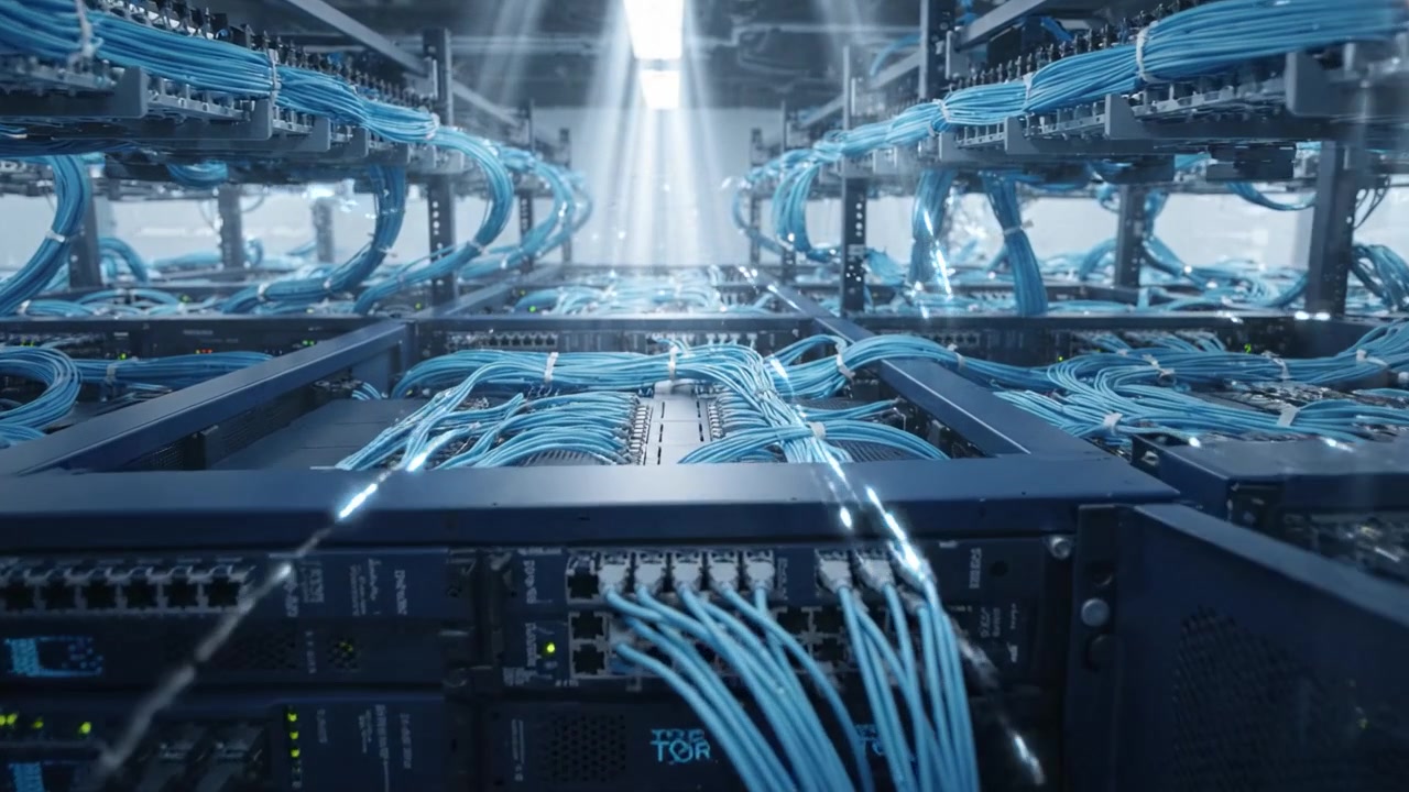 An intricate network of interconnected servers illuminated by beams of light, showcasing the meticulous organization of blue cables within a data center environment.