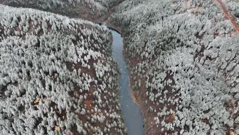 Río-Que-Fluye-En-Valles-Con-Bosques-Nevados-Cerca-De-Sun-Valley,-Idaho,-Estados-Unidos