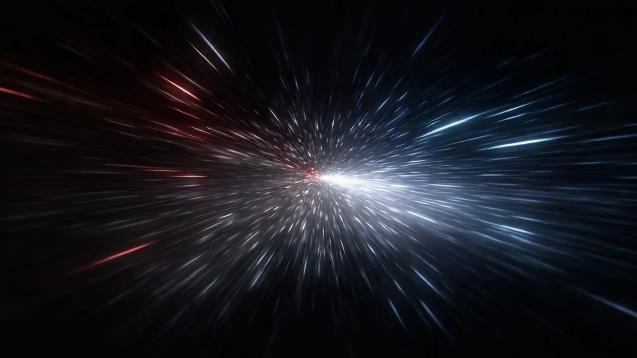 Un'immagine accattivante di movimento dinamico della luce nello spazio, caratterizzata da un vivido scontro di flussi luminosi rossi e blu su uno sfondo scuro.