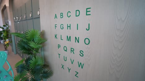 shot of alphabets printed on white wall at kids day care in pakistan