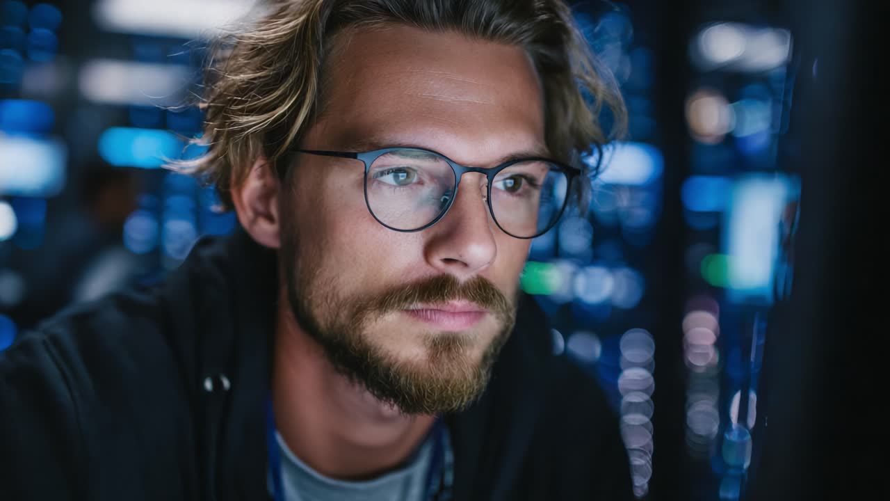 Focused Individual Analyzing Data in a High-Tech Environment; Highlighting Concentration and Innovation in Modern Technology Settings