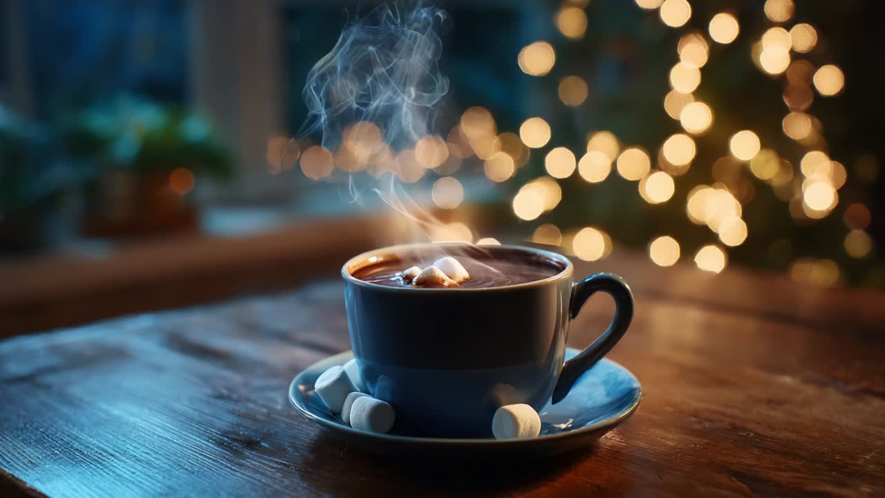 A Cozy Cup of Hot Chocolate with Marshmallows Steams Gently on a Wooden Table, with Bokeh Lights Creating a Warm and Inviting Atmosphere in the Background, Perfect for Winter Relaxation and Comfort