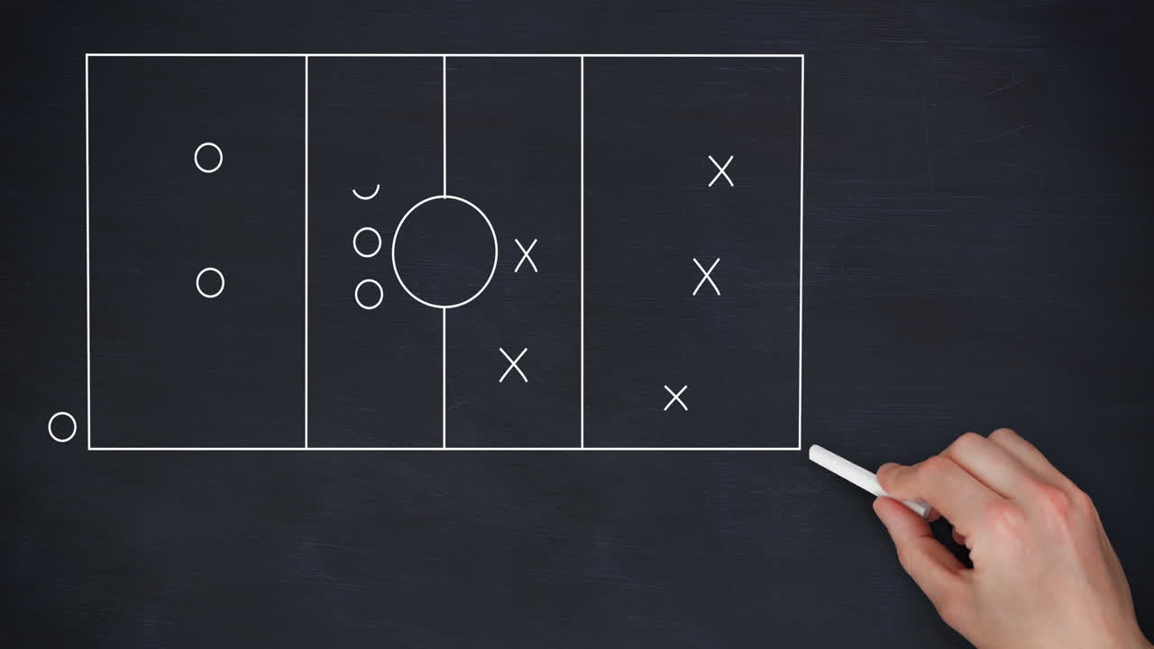 Animation of sports tactics over hand with chalk and football field on black background