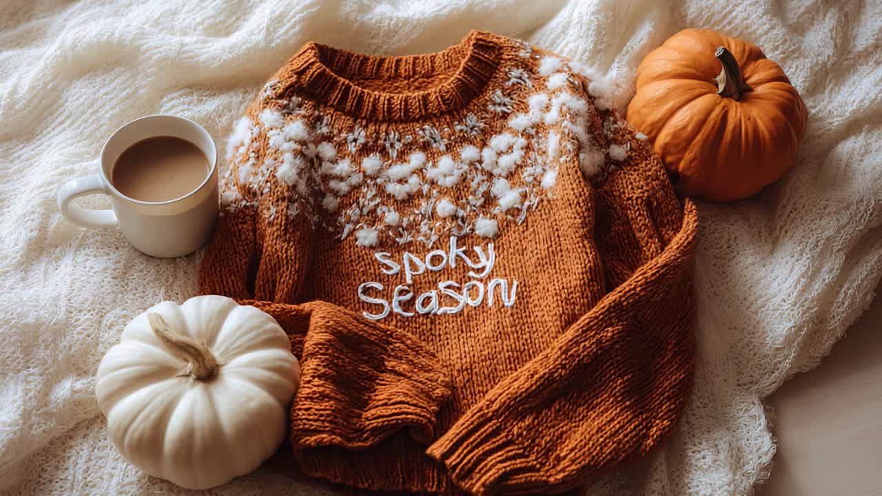 Warm and cozy flat lay composition with a knitted sweater, a cup of coffee, and small pumpkins on a white blanket, creating a comfortable and festive autumn atmosphere for halloween celebrations