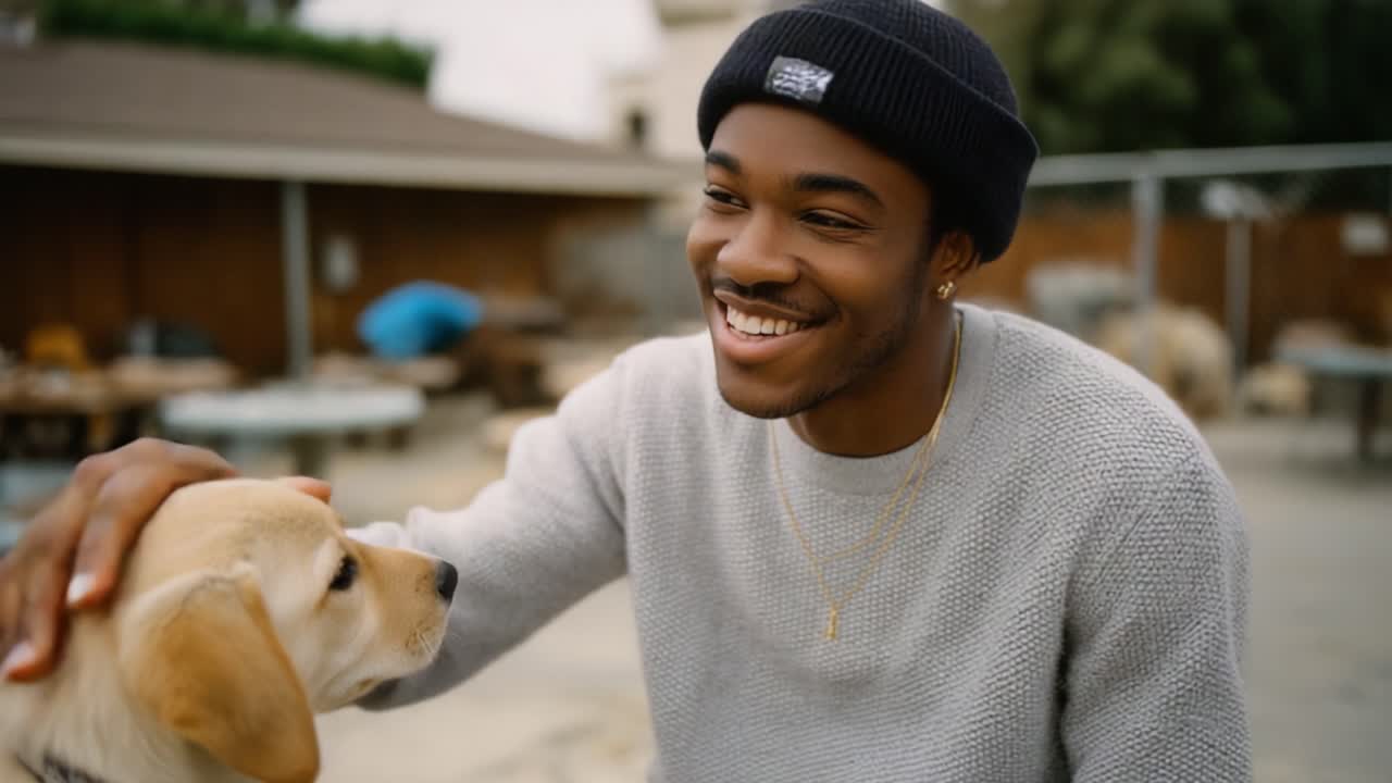 A young man with a warm smile joyfully interacts with his dog, showcasing the bond between them against a charming outdoor backdrop with a relaxed atmosphere