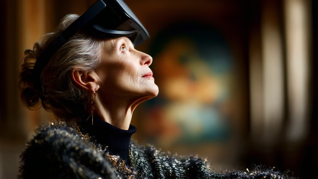 Exploring New Realities: A Senior Woman Engages with Next-Gen Technology While Wearing a Mixed-Reality Headset in an Artistic Setting, Embracing Innovation and Curiosity