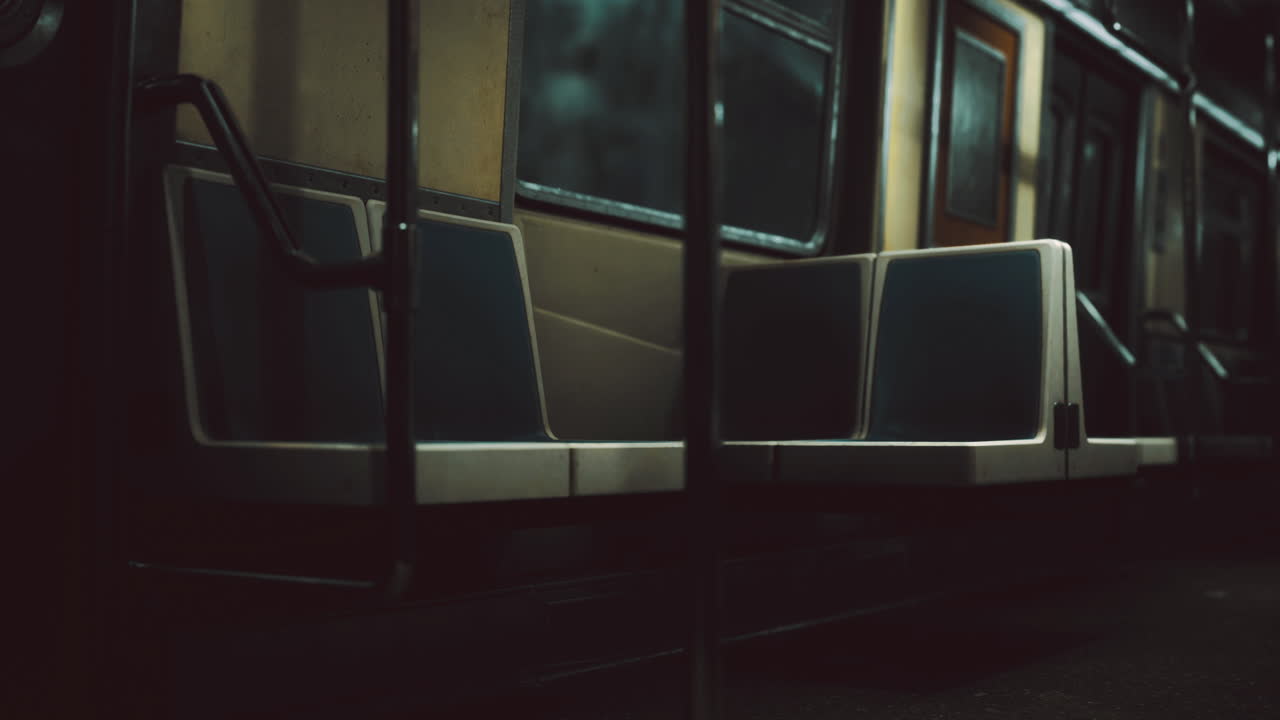 Empty subway train interior during late night hours in urban city