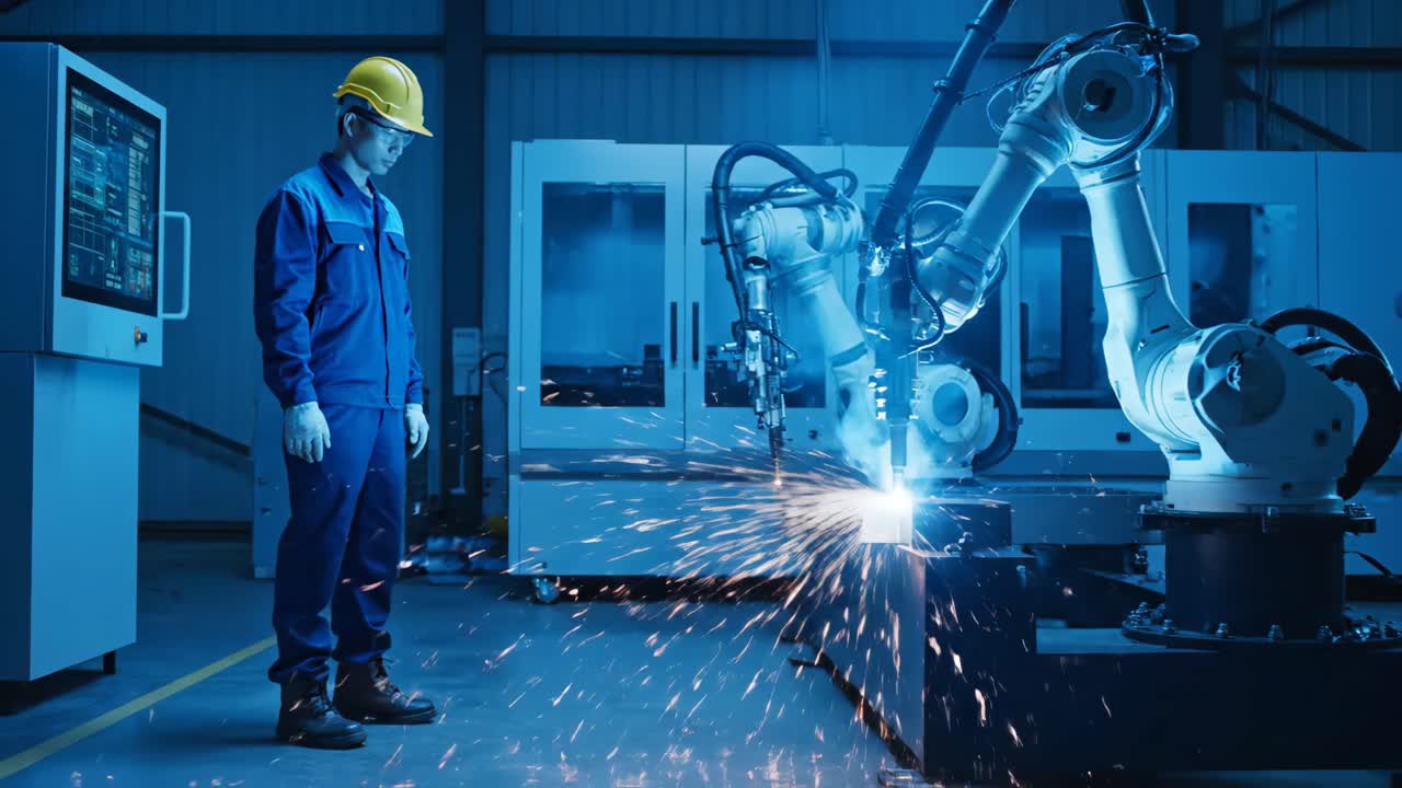 Automated Welding Process with Robot and Worker