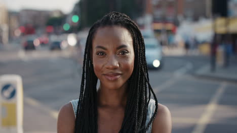 a happy young woman against an urban background