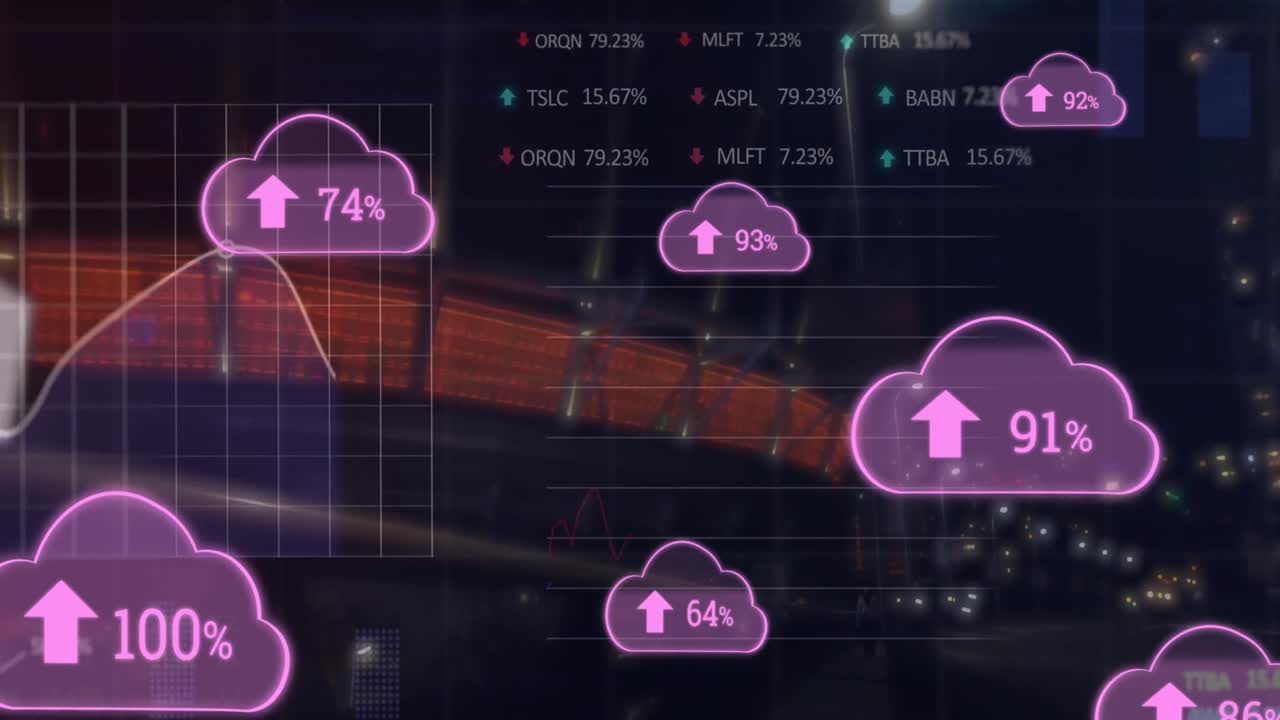 Animation of cloud icons with numbers and data processing over stadium